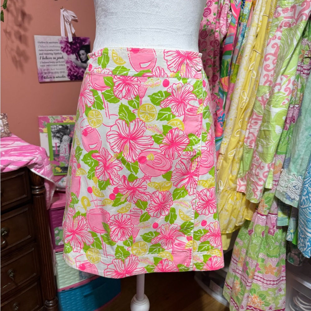 Lilly Pulitzer Pink, green, and yellow reversible wrap skirt, size 8.